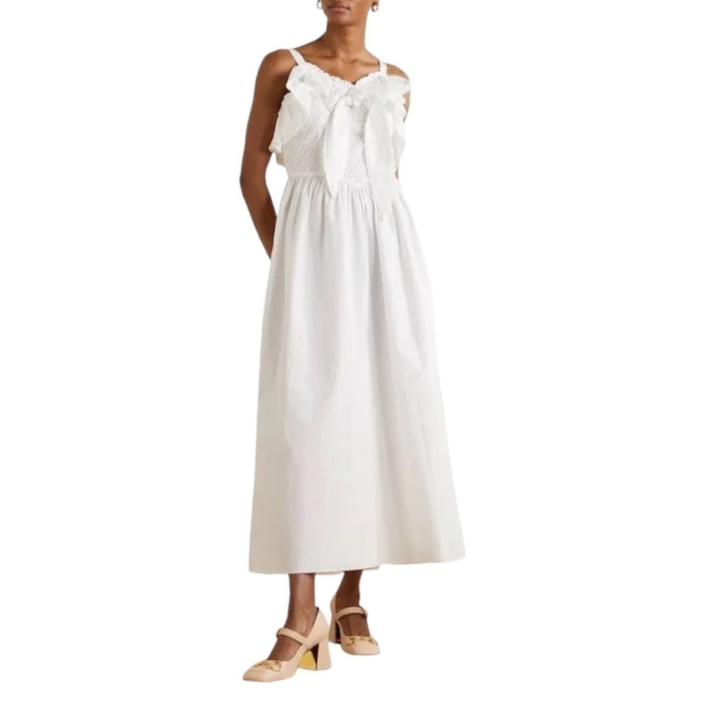 Batsheva Katja Tie Front Ruffled Cotton Midi Dress US 2